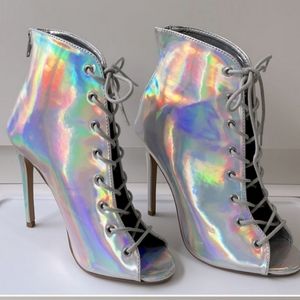Holographic Silver Metallic lace up peep toe heels Prom!